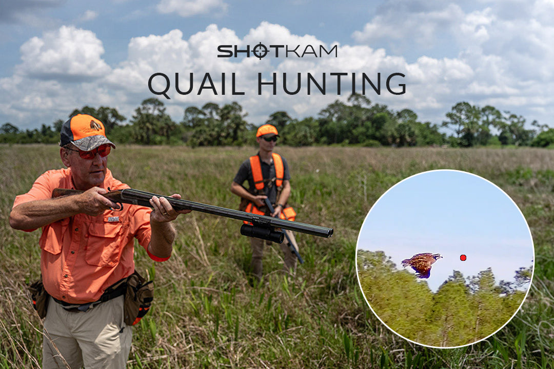 Quail hunting in Australia: Hunter using a ShotKam-equipped shotgun, capturing the moment a quail flies in the outback.