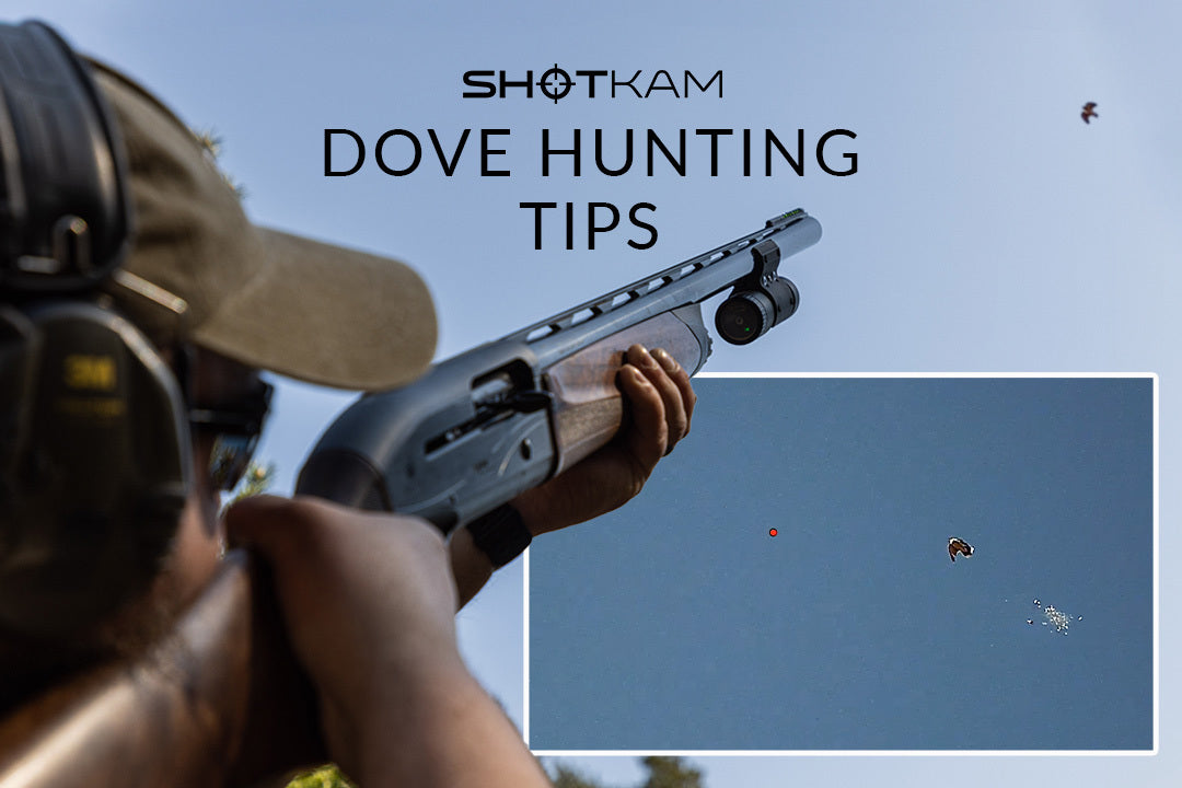 Successful dove hunting in Australia: Shooter with a ShotKam-mounted shotgun, focusing on a dove in the sky.