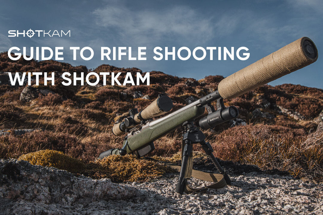High-powered rifle equipped with ShotKam for recording shots in the field