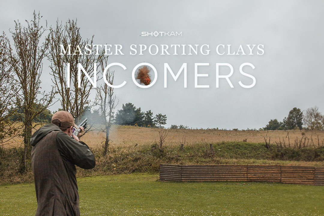 ShotKam footage-inspired thumbnail showing a shooter breaking an incoming target at a sporting clays course—Master Sporting Clays episode.