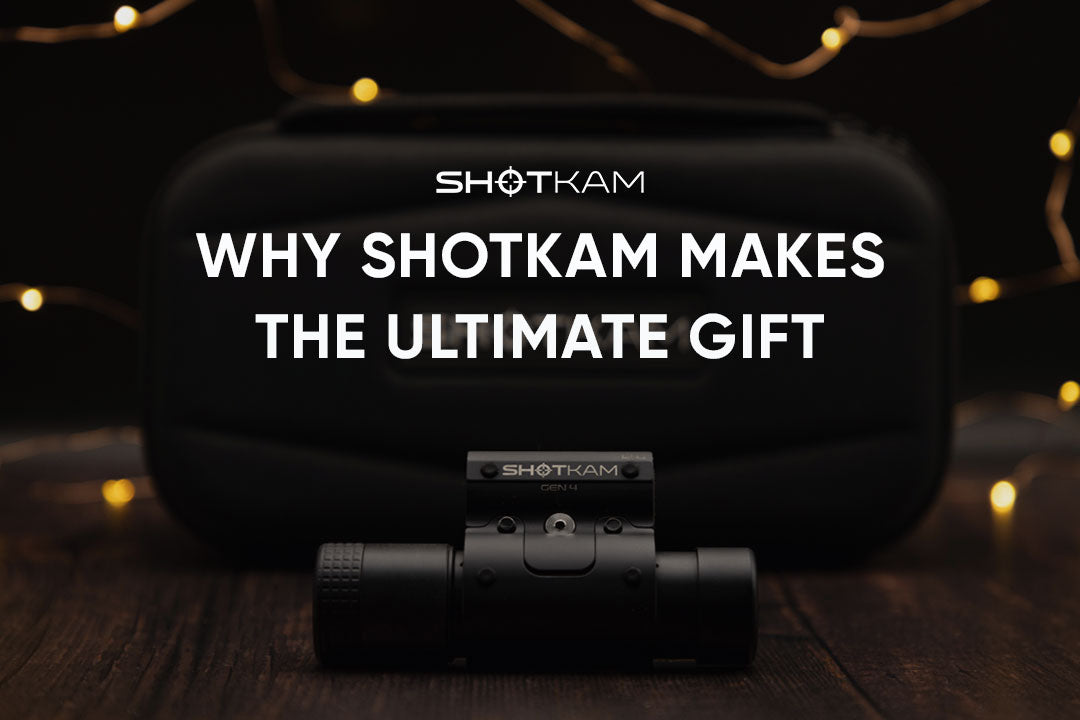 ShotKam camera and case photographed in a warm, festive scene to highlight it as the ultimate shooting gift.