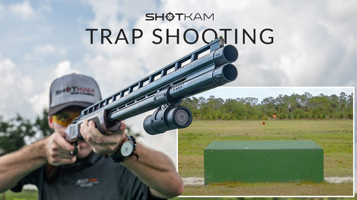 Trap shooting techniques in Australia: Hunter aiming with a ShotKam-attached shotgun, sharing tips for mastering trap shooting.