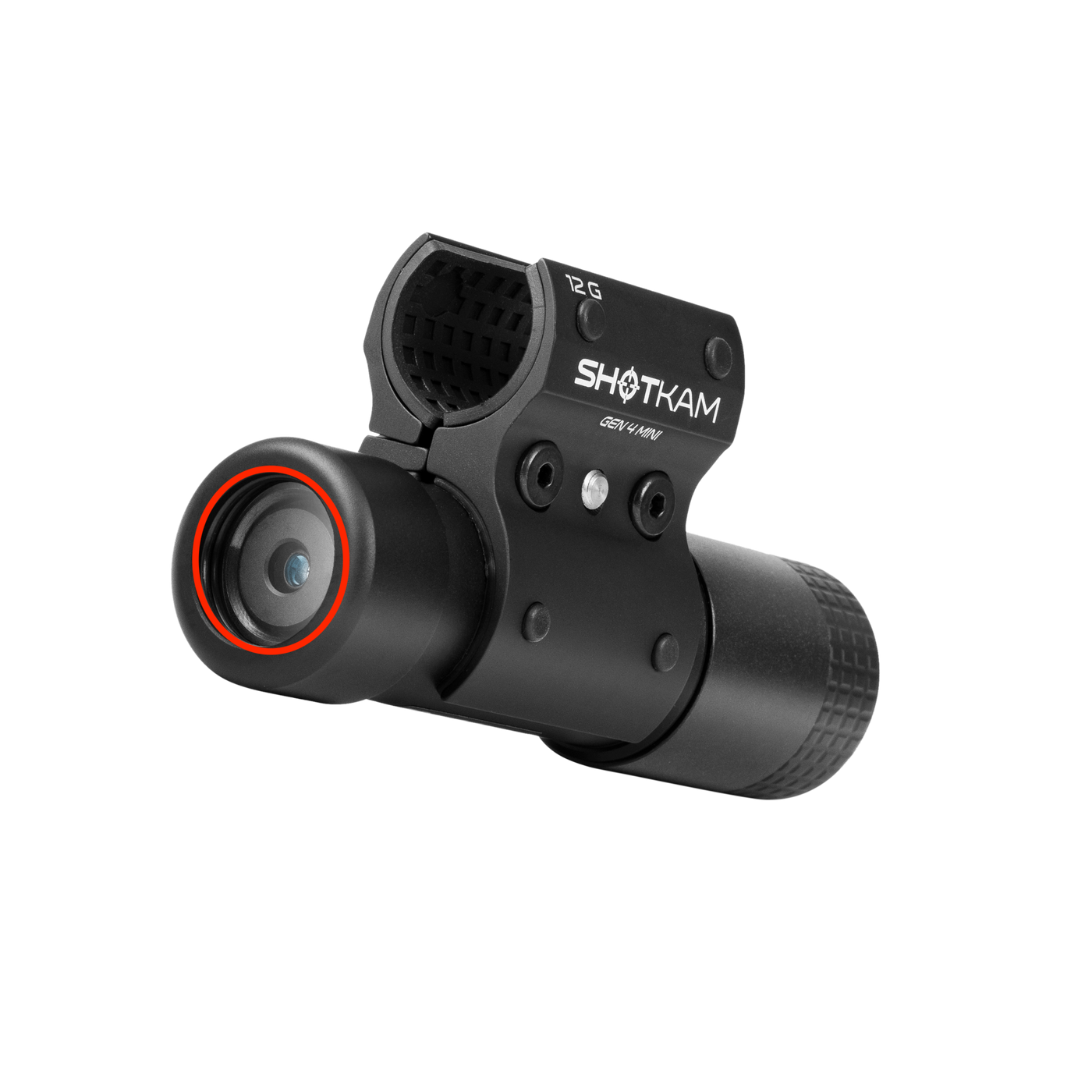 Close-up of the ShotKam Gen 4 Mini camera with a red circle highlighting the replacement lens.