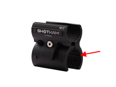 ShotKam 12 Gauge mount with a red arrow pointing to the rubber pads lining the bracket to prevent metal-to-metal contact.