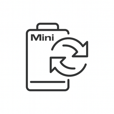 Simple battery icon with 'Mini' text and cycle arrows, symbolizing power renewal.