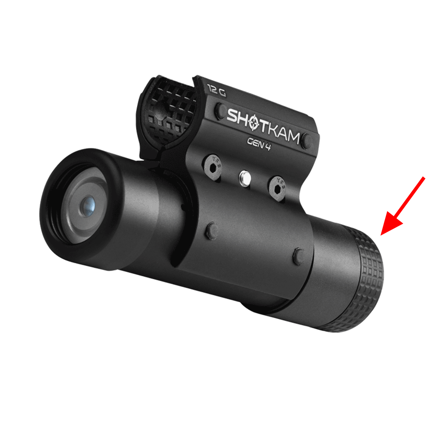 ShotKam Gen 4 camera attached to a 12 Gauge mount, with a red arrow indicating the protective back cap for the USB-C port to prevent water damage.