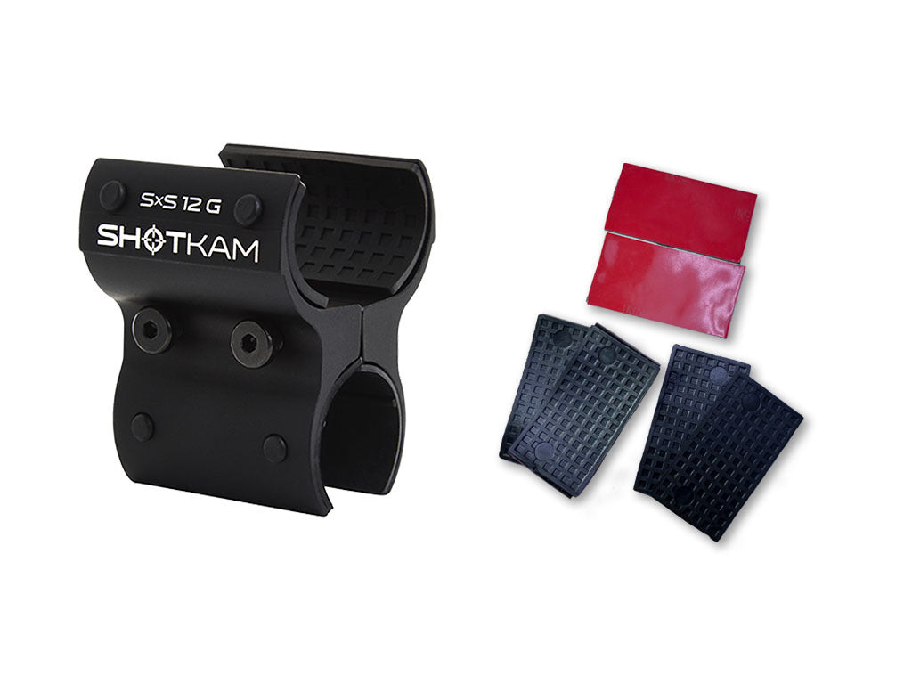 ShotKam Mini 12 Gauge Side-by-Side Mount Kit featuring spare rubber pads and adhesive strips for a firm, barrel-safe fit on SxS shotguns.