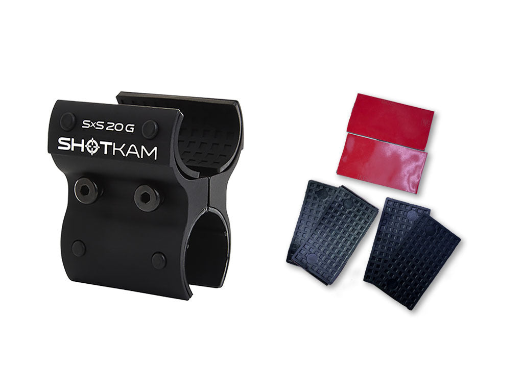 ShotKam Mini 20 Gauge Side-by-Side Mount Kit shown with extra rubber barrel pads and adhesive strips for secure, scratch-free shotgun attachment.