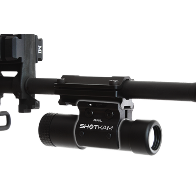 ShotKam Rail Mini Mount on a rifle using a Picatinny rail system – Securely attaches the Gen 4 Mini ShotKam for reliable shooting footage in Australian and New Zealand hunting environments.