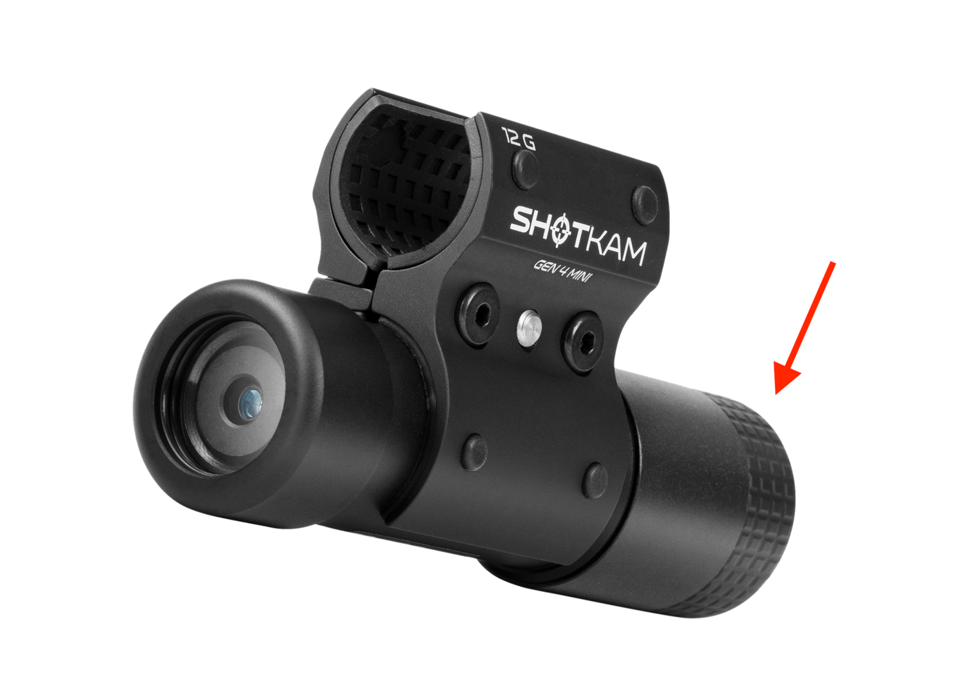 ShotKam Gen 4 Mini camera with a 12 Gauge mount, featuring a red arrow pointing to the back cap that protects the USB-C port from water damage.