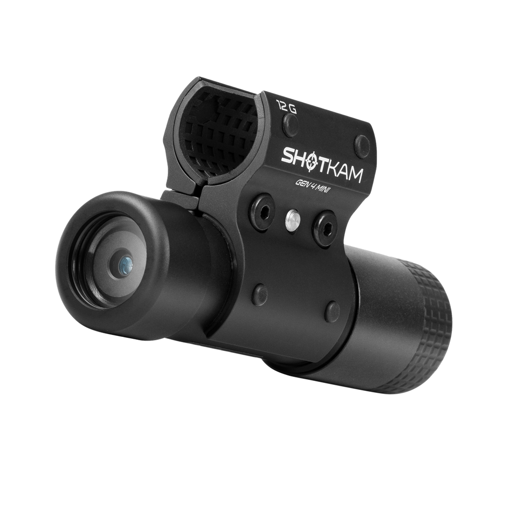 Side view of the ShotKam Gen 4 Mini camera, displaying the attachment mechanism and compact design suitable for shotgun barrels.