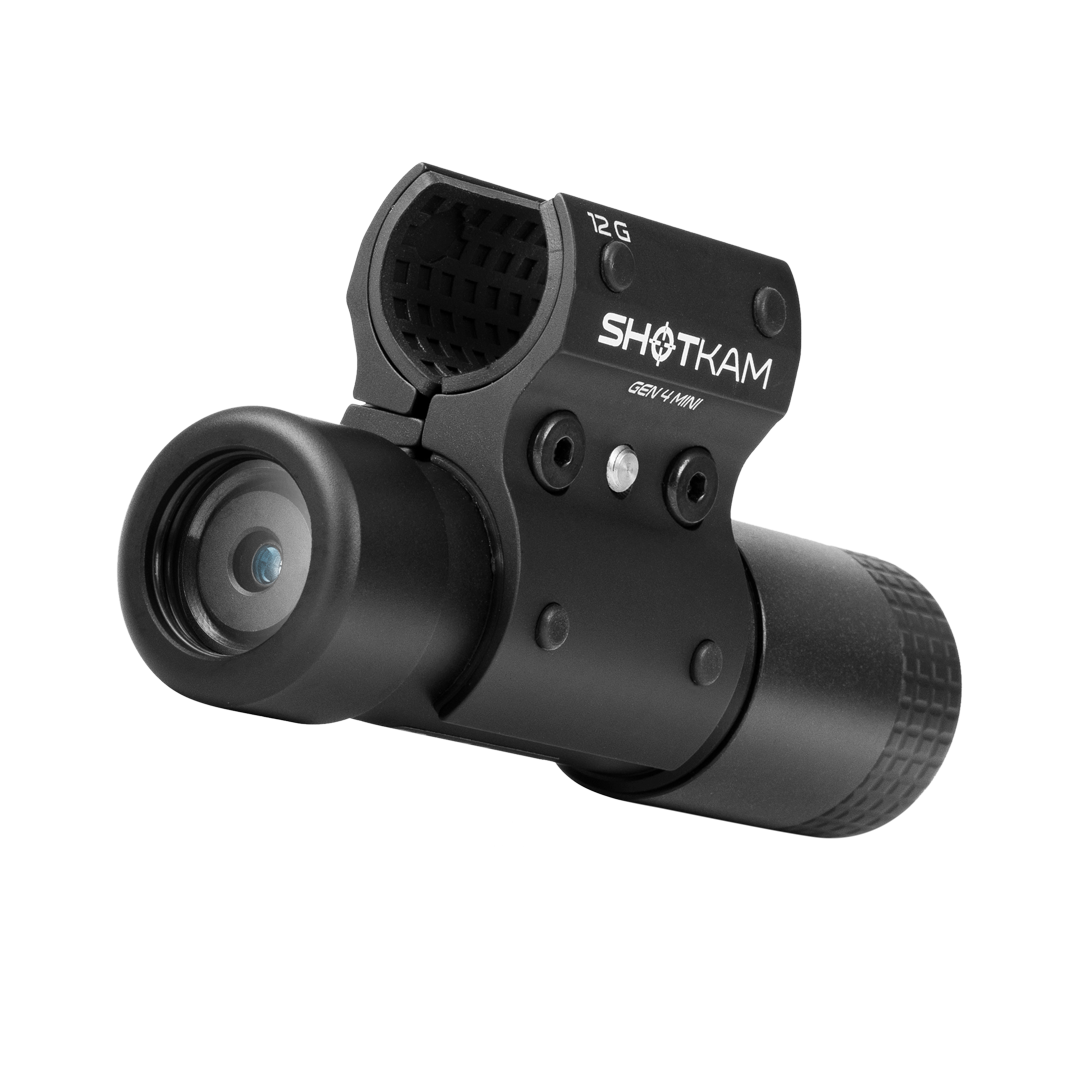 Side view of the ShotKam Gen 4 Mini camera, displaying the attachment mechanism and compact design suitable for shotgun barrels.