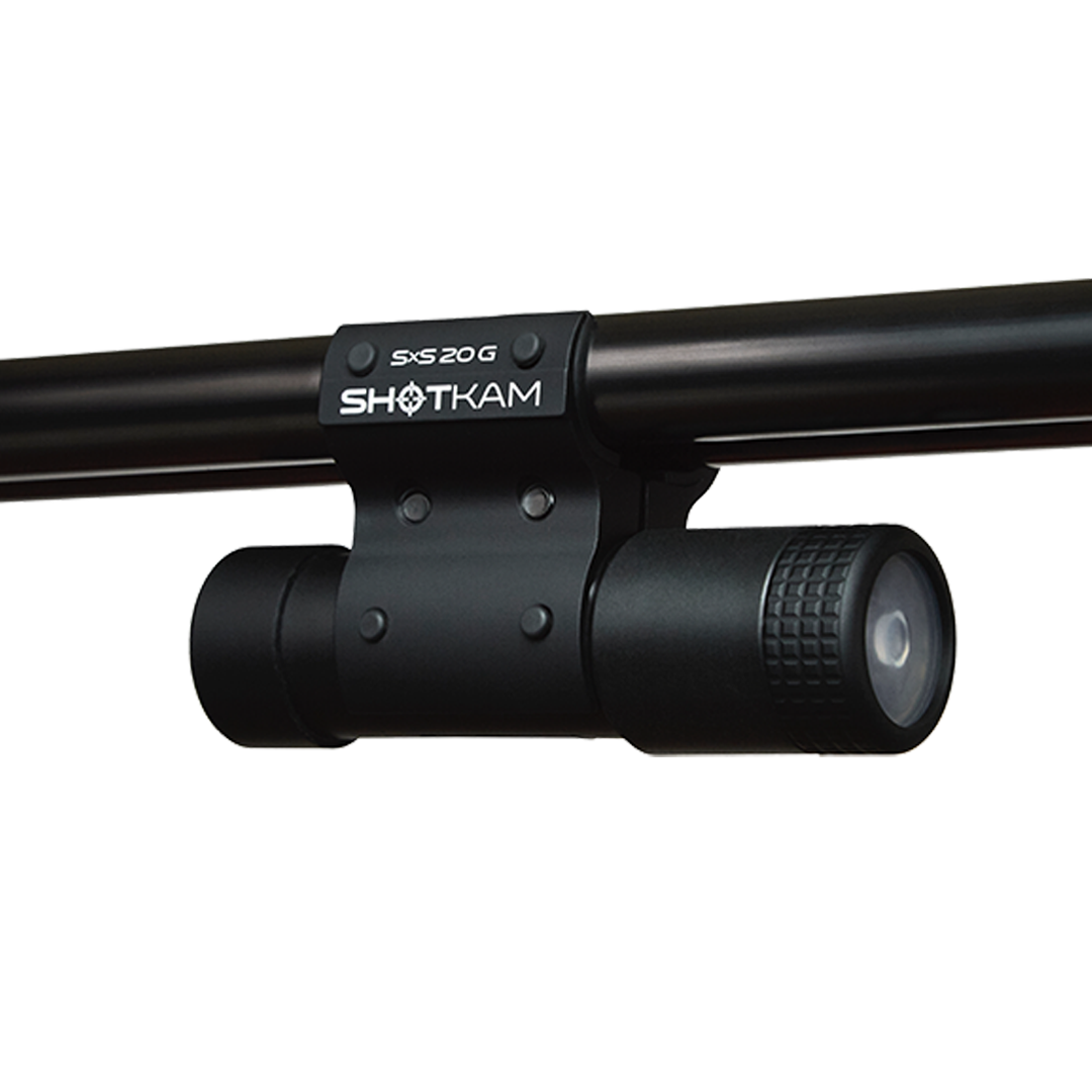 SxS 20 Gauge ShotKam Mount on a 20 gauge side-by-side shotgun – This image displays the secure mounting of the Gen 4 Mini ShotKam for reliable shooting footage in Australian and New Zealand hunting conditions.