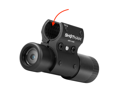 ShotKam Gen 4 Mini camera with a mount for a 12 Gauge shotgun, featuring a compact design with a red arrow pointing to the rubber lining inside the mount.
